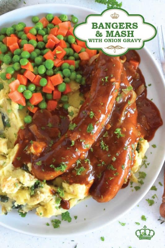 The ultimate comfort food is mashed potatoes and gravy. Serving pan-fried bangers with the two is a no-brainer! This hearty, family-friendly meal is easy to prepare and quite delicious.  Bangers and Mash with Homemade Onion Gravy might be considered peasant food, but I'd serve this to the fanciest of folks without any hesitation! #bangers #mash #irish #stpatricksday