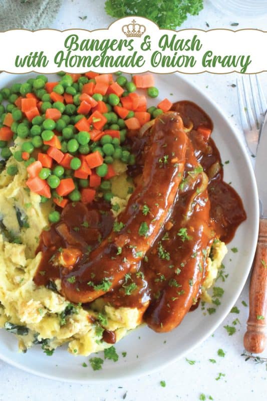 The ultimate comfort food is mashed potatoes and gravy. Serving pan-fried bangers with the two is a no-brainer! This hearty, family-friendly meal is easy to prepare and quite delicious.  Bangers and Mash with Homemade Onion Gravy might be considered peasant food, but I'd serve this to the fanciest of folks without any hesitation! #bangers #mash #irish #stpatricksday