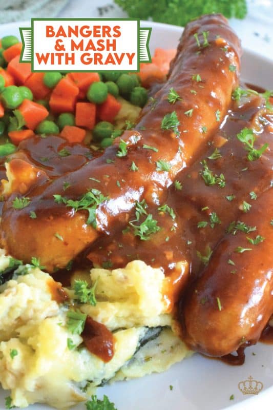 The ultimate comfort food is mashed potatoes and gravy. Serving pan-fried bangers with the two is a no-brainer! This hearty, family-friendly meal is easy to prepare and quite delicious.  Bangers and Mash with Homemade Onion Gravy might be considered peasant food, but I'd serve this to the fanciest of folks without any hesitation! #bangers #mash #irish #stpatricksday