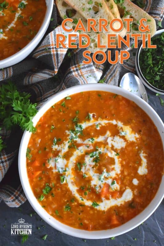 Thick and hearty, Carrot and Red Lentil Soup is good for you too!  Completely vegetarian and vegan, this soup is super easy to prepare and is just what is needed to get you through the last stretch of winter.  Make a big batch because this soup freezes and reheats very well! #soup #lentils #vegetarian #carrot #vegan