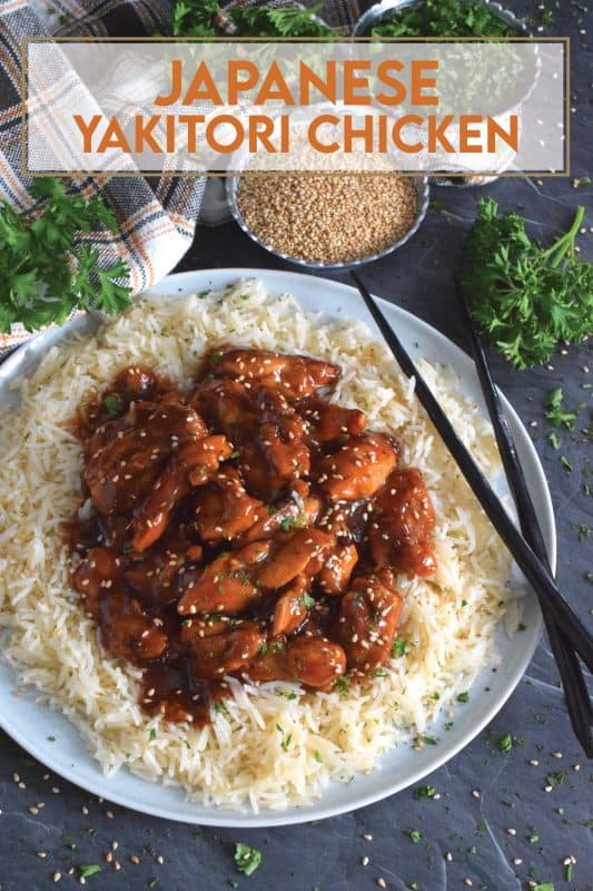 Sweet and sticky, garlicky and gingery, Japanese Yakitori Chicken is first marinated and then pan-fried with the most delicious, savoury sauce.  Traditionally prepared on skewers, this version uses only a stovetop.  It's quicker and easier, which makes it a great weeknight dinner option! #yakitori #japanese #chicken