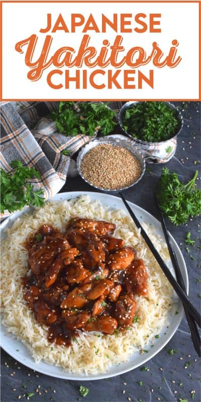 Sweet and sticky, garlicky and gingery, Japanese Yakitori Chicken is first marinated and then pan-fried with the most delicious, savoury sauce.  Traditionally prepared on skewers, this version uses only a stovetop.  It's quicker and easier, which makes it a great weeknight dinner option! #yakitori #japanese #chicken