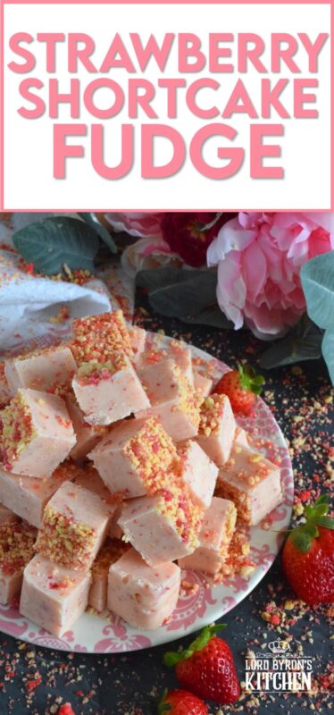 This no-bake fudge recipe is packed full of homemade strawberry shortcake crumbs. Made with melted white chocolate, Strawberry Shortcake Fudge is super easy and fast to make and tastes delicious too!  Perfect for sharing with your favourite valentines! #strawberry #shortcake #fudge #nobake #valentine