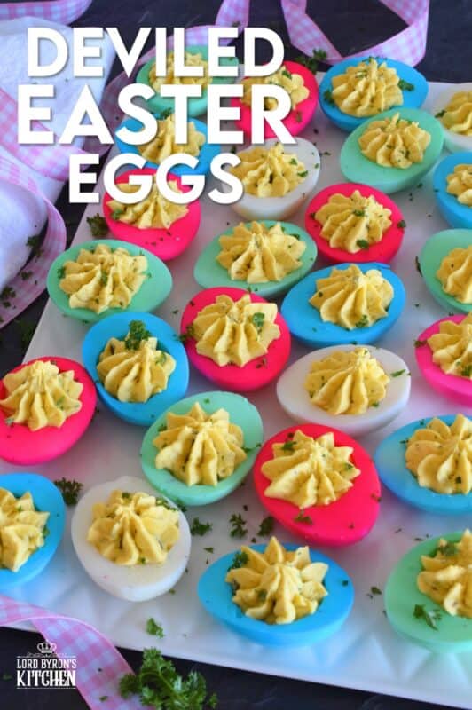 Easter isn't Easter without boiled eggs, so why not have some fun and make a batch of very Easter-y and very colourful Deviled Easter Eggs!? Don't hide these around the house and give the Easter Bunny all the credit! #deviledeggs #eastereggs #easter #deviled #boiledeggs #dyedeggs