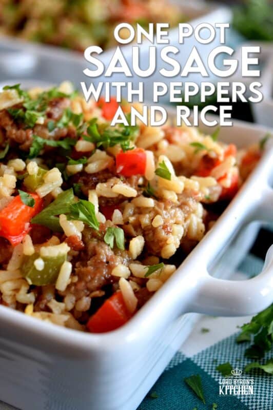 Weeknight dinners can't get any easier than this!  Grains, protein, and veggies all together in this One Pot Sausage with Peppers and Rice.  This dish has all the bases covered and with very little cleanup as well!  Make extra because not only does it freeze well, it reheats quickly and easily too! #onepot #sausage #peppers #rice #familydinners