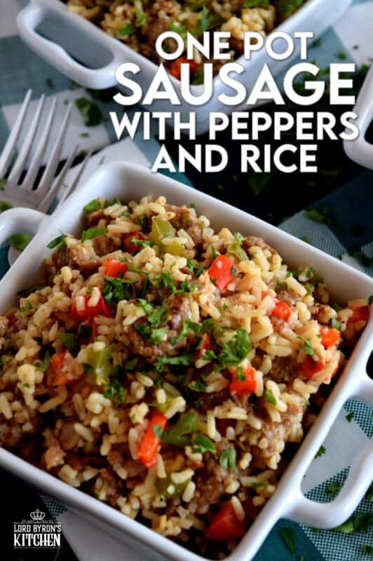 Weeknight dinners can't get any easier than this!  Grains, protein, and veggies all together in this One Pot Sausage with Peppers and Rice.  This dish has all the bases covered and with very little cleanup as well!  Make extra because not only does it freeze well, it reheats quickly and easily too! #onepot #sausage #peppers #rice #familydinners