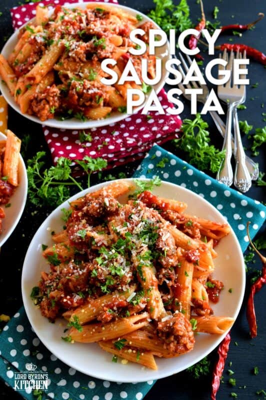 Prepare your next pasta dish with pork, like this Spicy Sausage Pasta dish, and reinvent pasta night!  A spicy tomato sauce, with peppers and onions, and lots of dried chillies, is simple and rustic, but so delicious! This hearty meal is make-ahead and freezer friendly too! #penne #pasta #italian #sausage #spicy