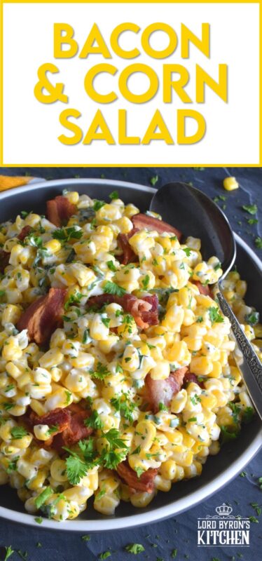 Serve this Bacon and Corn Salad warm as a side to your favourite summer grilled mains.  Loaded with fried bacon, bright yellow corn, and fresh green onions, this salad is tossed with a kicked-up mayonnaise-based dressing.  Can be prepared ahead of time too and just lightly reheated through just before serving! #bacon #corn #salad