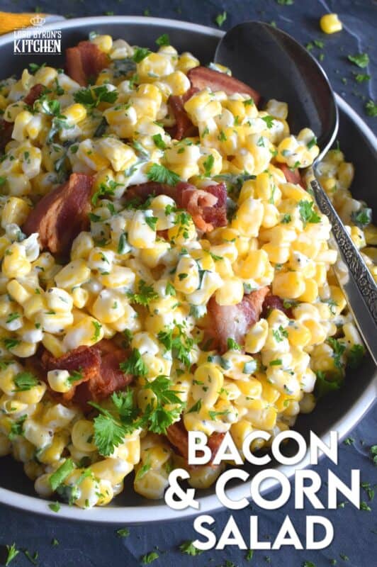 Serve this Bacon and Corn Salad warm as a side to your favourite summer grilled mains.  Loaded with fried bacon, bright yellow corn, and fresh green onions, this salad is tossed with a kicked-up mayonnaise-based dressing.  Can be prepared ahead of time too and just lightly reheated through just before serving! #bacon #corn #salad