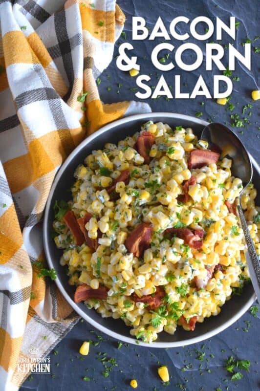 Serve this Bacon and Corn Salad warm as a side to your favourite summer grilled mains.  Loaded with fried bacon, bright yellow corn, and fresh green onions, this salad is tossed with a kicked-up mayonnaise-based dressing.  Can be prepared ahead of time too and just lightly reheated through just before serving! #bacon #corn #salad