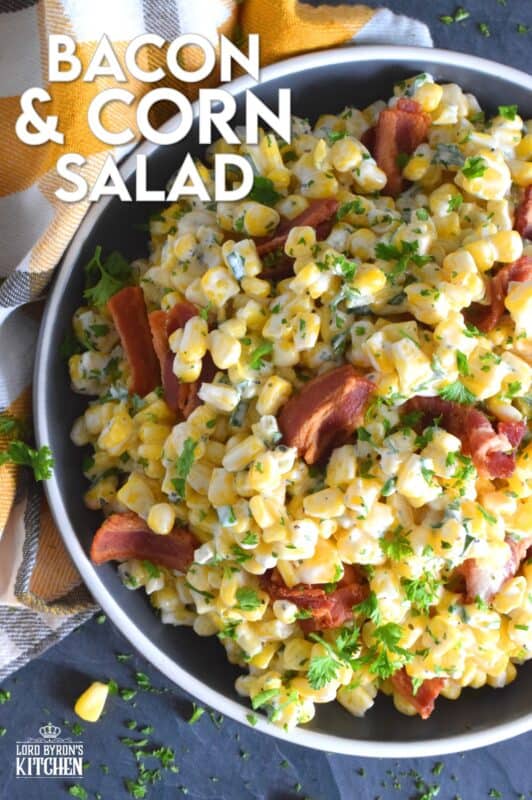Serve this Bacon and Corn Salad warm as a side to your favourite summer grilled mains.  Loaded with fried bacon, bright yellow corn, and fresh green onions, this salad is tossed with a kicked-up mayonnaise-based dressing.  Can be prepared ahead of time too and just lightly reheated through just before serving! #bacon #corn #salad