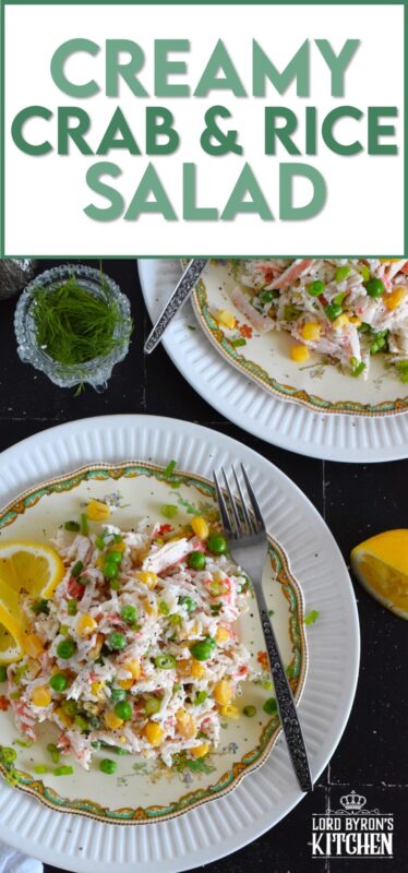 Prepare this recipe using real or imitation crab and leftover cooked rice.  Great as a side, but hearty and filling enough to be served as a main, Creamy Crab and Rice Salad tastes light and fresh and is simply delicious! #crab #salad #rice #imitation #seafood