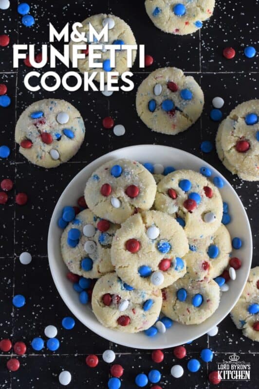 Red, white, and blue candy and sprinkles are very popular when baking patriotic treats! So delicious and so fun, both kids and adults alike will love these M&M Funfetti Cookies! #4thofjuly #independenceday #redwhiteandblue