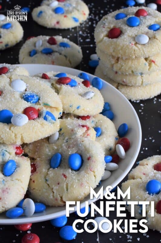 Red, white, and blue candy and sprinkles are very popular when baking patriotic treats! So delicious and so fun, both kids and adults alike will love these M&M Funfetti Cookies! #4thofjuly #independenceday #redwhiteandblue