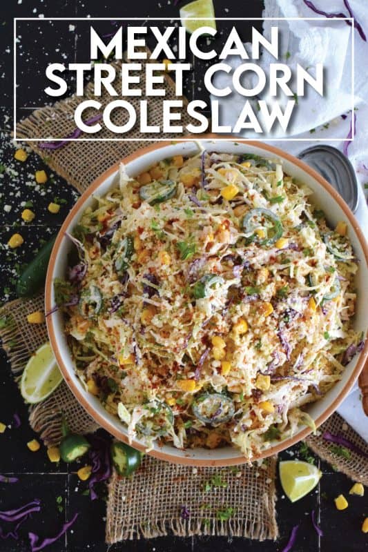 Crisp red and green cabbage, sweet corn, spicy jalapenos, fresh green onions, and salty cotija cheese all meet in the middle to create this most delicious Mexican Street Corn Coleslaw. With its creamy, zingy, and tart dressing, this coleslaw will most definitely please the toughest critic! #mexican #streetcorn #coleslaw #salad