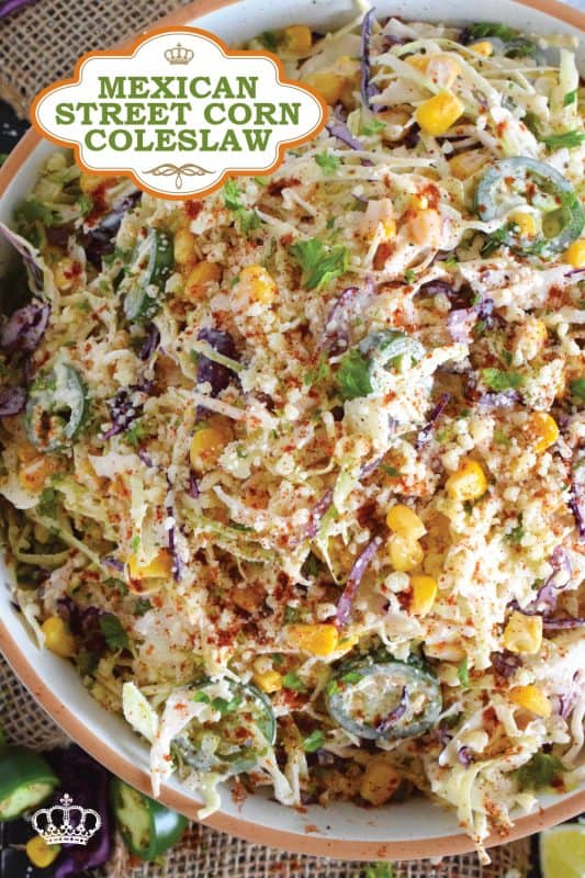 Crisp red and green cabbage, sweet corn, spicy jalapenos, fresh green onions, and salty cotija cheese all meet in the middle to create this most delicious Mexican Street Corn Coleslaw. With its creamy, zingy, and tart dressing, this coleslaw will most definitely please the toughest critic! #mexican #streetcorn #coleslaw #salad