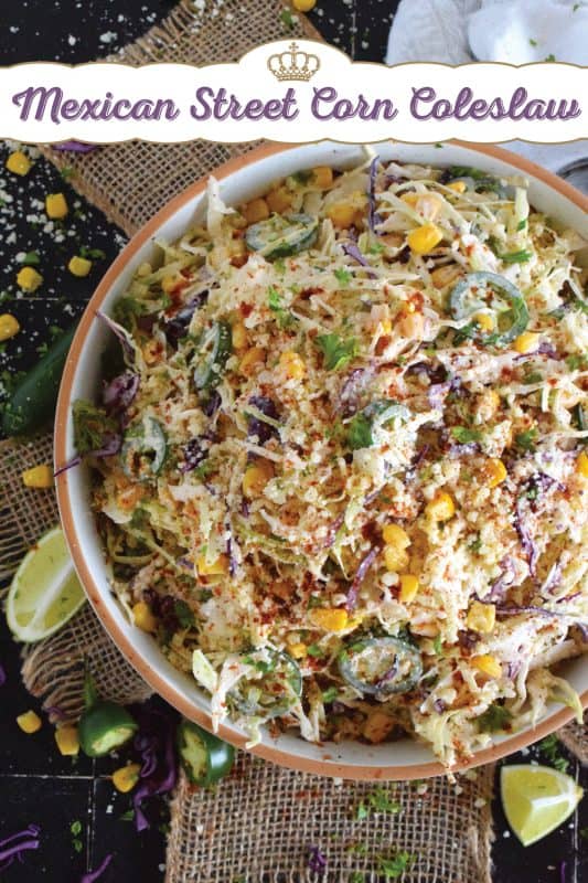 Crisp red and green cabbage, sweet corn, spicy jalapenos, fresh green onions, and salty cotija cheese all meet in the middle to create this most delicious Mexican Street Corn Coleslaw. With its creamy, zingy, and tart dressing, this coleslaw will most definitely please the toughest critic! #mexican #streetcorn #coleslaw #salad