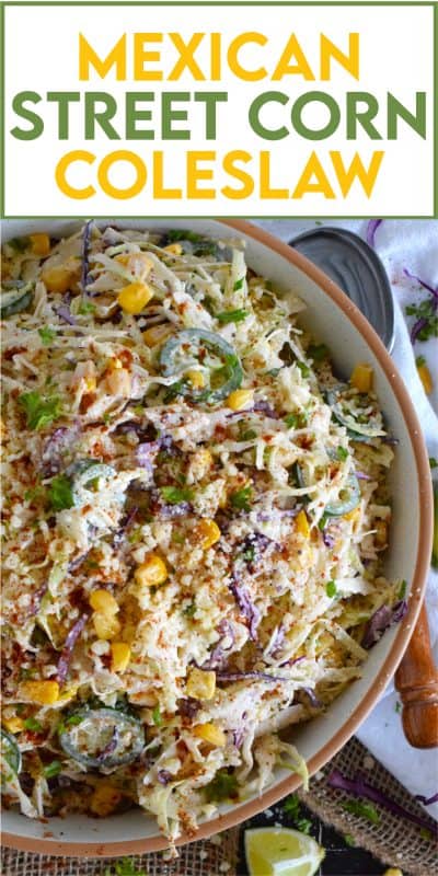 Crisp red and green cabbage, sweet corn, spicy jalapenos, fresh green onions, and salty cotija cheese all meet in the middle to create this most delicious Mexican Street Corn Coleslaw. With its creamy, zingy, and tart dressing, this coleslaw will most definitely please the toughest critic! #mexican #streetcorn #coleslaw #salad