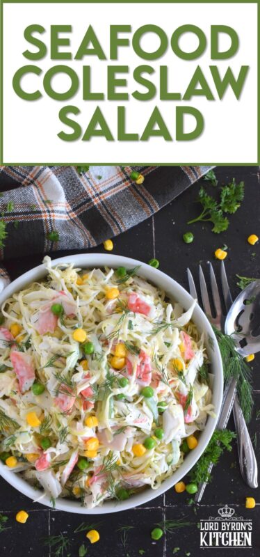 Chunks of crab and lobster are tossed with lots of fresh vegetables, like cabbage, cucumber, corn, peas, and green onions in a homemade creamy, tangy, and savoury dressing. Consider your budget and use real seafood or imitation crab and lobster to make this absolutely refreshing Seafood Coleslaw Salad! #seafood #salad #coleslaw #imitation #crab #lobster