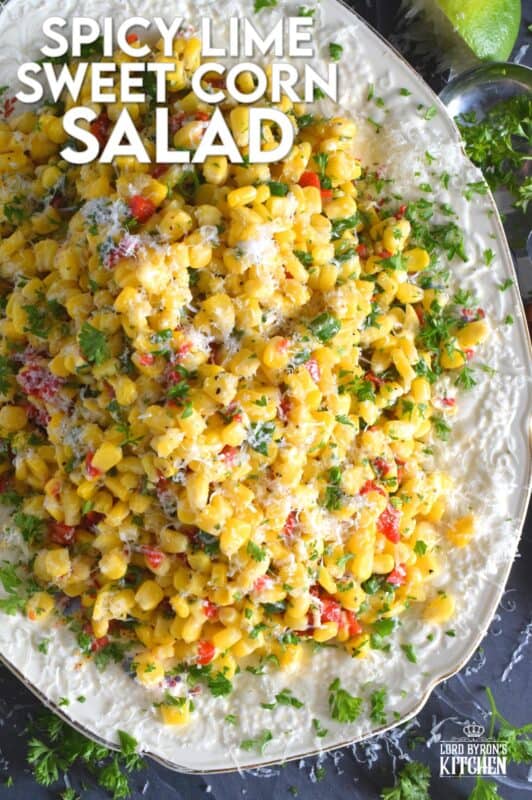 Combine sweet corn with roasted red peppers, green onions, freshly squeezed lime juice, and a good sprinkling of cotija cheese to get the most amazingly delicious summer salad.  Serve at room temperature or slightly warmed to taste the optimum flavour profile. #sweet #cotija #corn #salad #lime #spicy