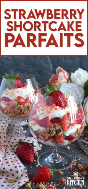 This beautifully presented dessert is exceptionally easy to prepare.  Layered with granola, yogurt, and fresh strawberries, is a homemade strawberry shortcake crumb mixture that is the star of this simply refreshing summertime dessert.  It's a healthy alternative with just the right amount of indulgence! #strawberries #shortcake #parfait #crumbs