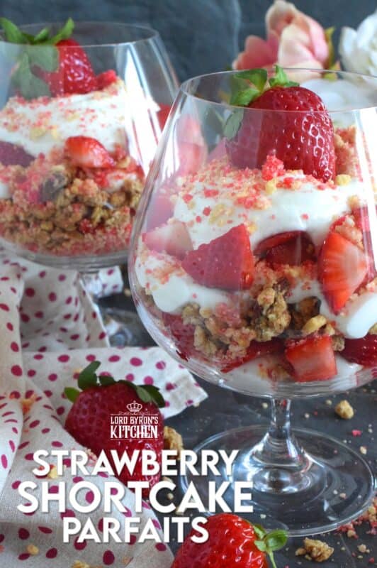 This beautifully presented dessert is exceptionally easy to prepare.  Layered with granola, yogurt, and fresh strawberries, is a homemade strawberry shortcake crumb mixture that is the star of this simply refreshing summertime dessert.  It's a healthy alternative with just the right amount of indulgence! #strawberries #shortcake #parfait #crumbs