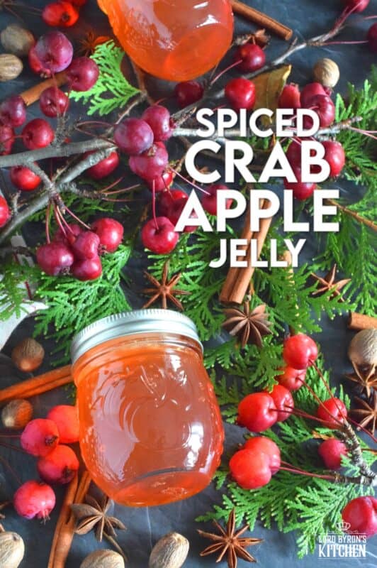 Easily transform those overly tart backyard crab apples into the most delicious Spiced Crab Apple Jelly! All you need are crab apples, water, sugar, and a few spices! This jelly is sweet and tart and has a strong crab apple flavour.  With the addition of cinnamon, nutmeg, allspice, and ginger, the taste is warming and comforting too. #crabapple #apple #jelly