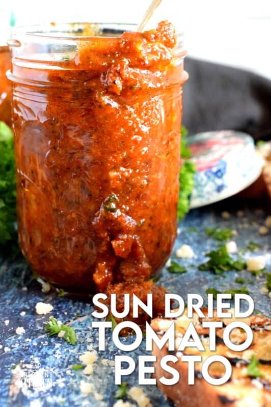 Homemade Sun Dried Tomato Pesto, otherwise known as Pesto Rosso, is so much better than store-bought. A combination of good olive oil, fresh basil and real parmesan cheese will make the best results. Use it on pasta, fish, chicken, and as a sandwich spread too! Who could resist this delicious, vibrant sauce? #sun #dried #sundried #tomato #pesto #basil #fresh #homemade