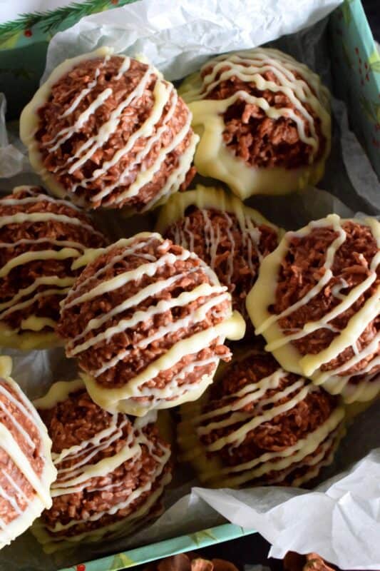 These no-bake Chocolate Coconut Macaroons are an easy, decadent, chocolaty treat.  Keep them classic or try adding nuts, dried fruit, or even candy!  So easy to prepare and freezer-friendly too, these make a great hostess gift as well! #nobake #chocolate #coconut #coconutmacaroons #macaroons