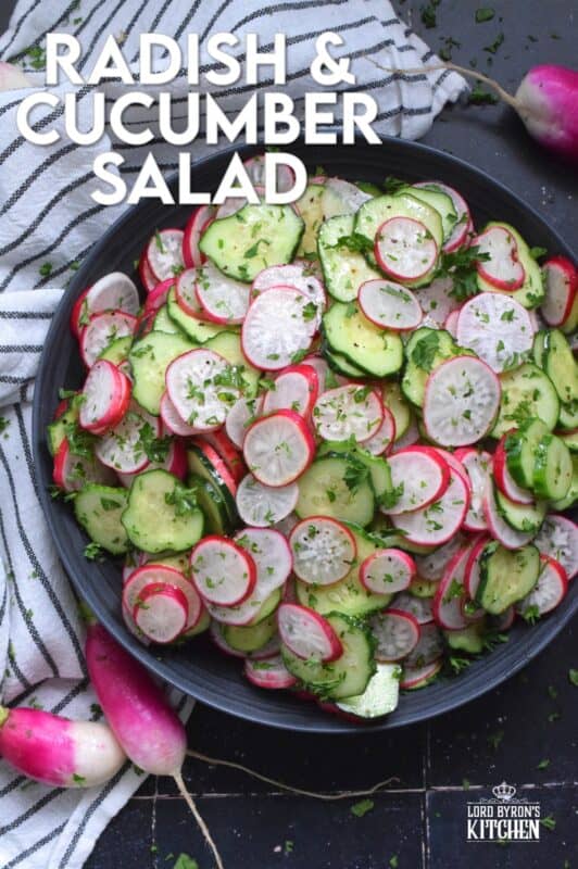 This light and refreshing salad is prepared with summer fresh cucumbers and radishes.  Tossed in a quick and easy, seasoned homemade oil and vinegar dressing, this Radish and Cucumber Salad is loaded with crunch and texture.  Can be prepared a day or two in advance as well!