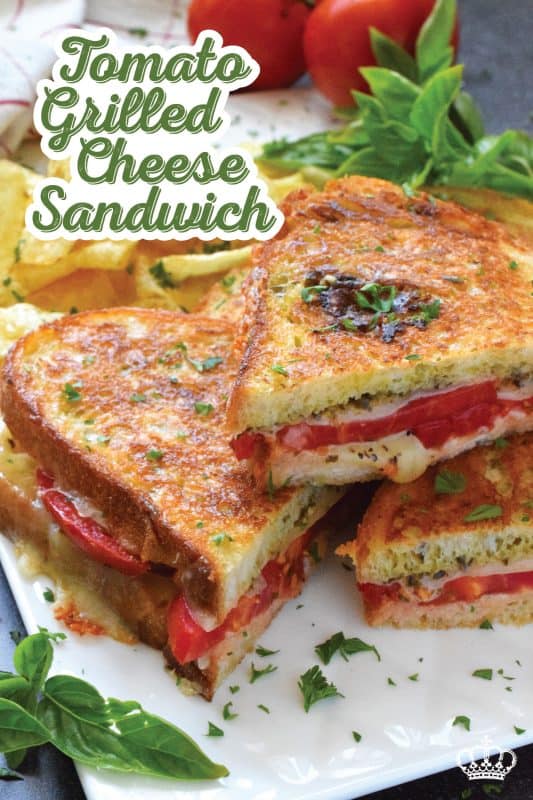 One of the most comforting and nostalgic childhood favourites is a grilled cheese sandwich paired with tomato soup. Nobody wants to eat soup in the summer, so my Tomato Grilled Cheese Sandwich is perfect! Summer fresh tomatoes and basil pesto are tucked into the sandwich to make the ultimate flavour combination!