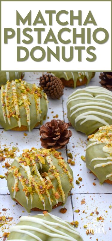 Everything is coming up green in these Matcha Pistachio Donuts!  The batter is light and fluffy and prepared with finely chopped pistachios and matcha.  Dipped in matcha-infused icing and drizzled with white chocolate, these donuts are delicious and addictive! #matcha #greentea #donuts #pistachio