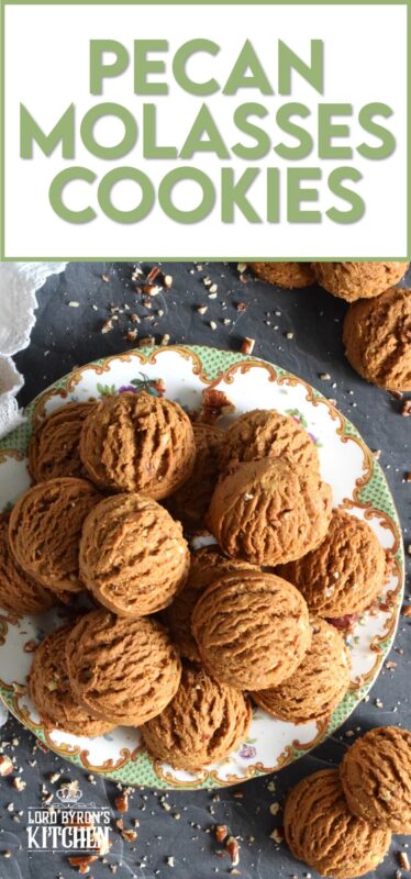 These plump, soft cookies are made with lots of familiar spices associated with fall baking.  Pecan Molasses Cookies are very easy to prepare; simply make the cookie dough and use a cookie scoop to portion out mounds onto your baking sheet.  Let your oven do the rest!  These are one of my all-time favourite cookies! #pecan #molasses #cookies