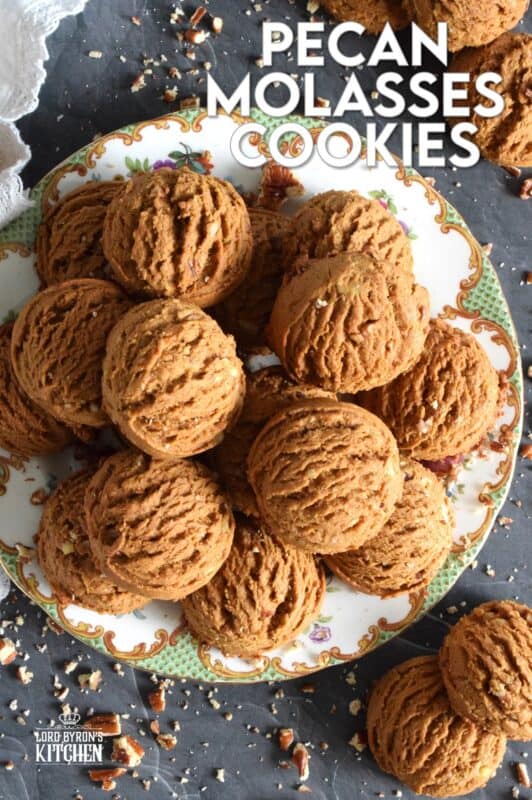 These plump, soft cookies are made with lots of familiar spices associated with fall baking.  Pecan Molasses Cookies are very easy to prepare; simply make the cookie dough and use a cookie scoop to portion out mounds onto your baking sheet.  Let your oven do the rest!  These are one of my all-time favourite cookies! #pecan #molasses #cookies