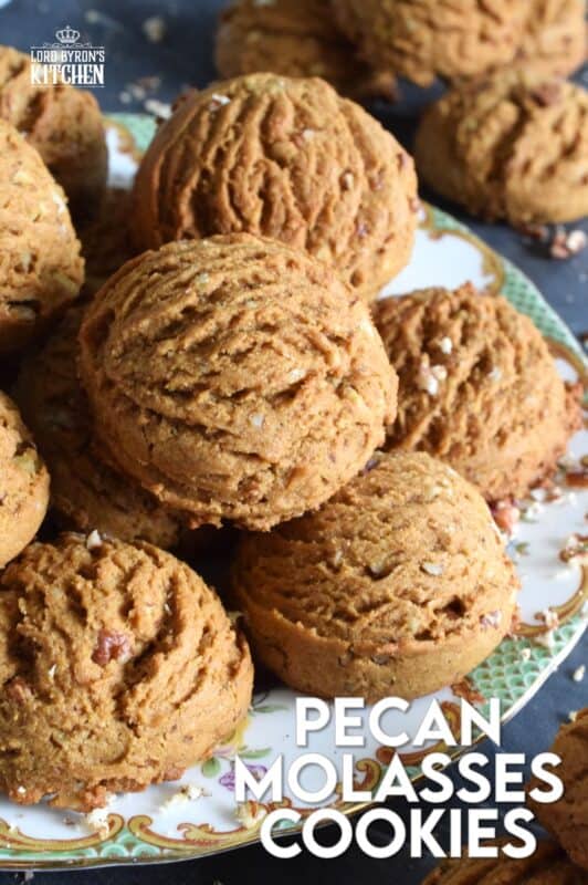 These plump, soft cookies are made with lots of familiar spices associated with fall baking.  Pecan Molasses Cookies are very easy to prepare; simply make the cookie dough and use a cookie scoop to portion out mounds onto your baking sheet.  Let your oven do the rest!  These are one of my all-time favourite cookies! #pecan #molasses #cookies