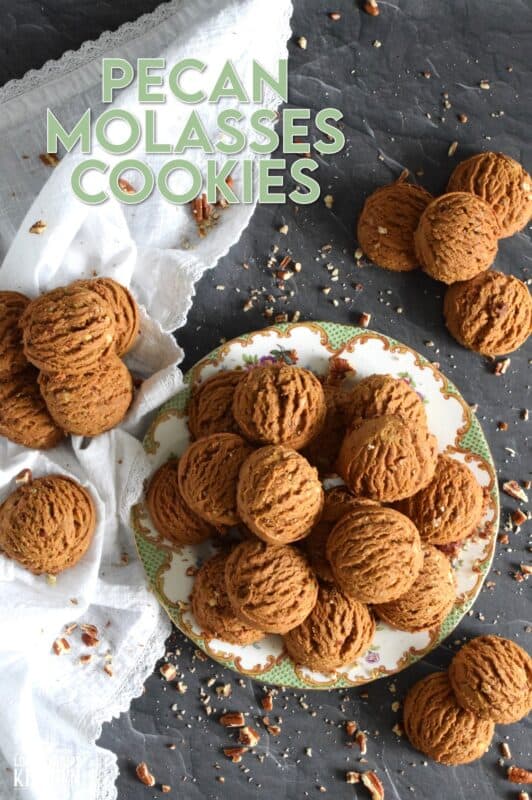 These plump, soft cookies are made with lots of familiar spices associated with fall baking.  Pecan Molasses Cookies are very easy to prepare; simply make the cookie dough and use a cookie scoop to portion out mounds onto your baking sheet.  Let your oven do the rest!  These are one of my all-time favourite cookies! #pecan #molasses #cookies