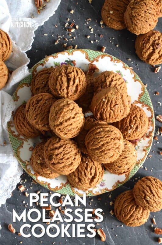 These plump, soft cookies are made with lots of familiar spices associated with fall baking.  Pecan Molasses Cookies are very easy to prepare; simply make the cookie dough and use a cookie scoop to portion out mounds onto your baking sheet.  Let your oven do the rest!  These are one of my all-time favourite cookies! #pecan #molasses #cookies