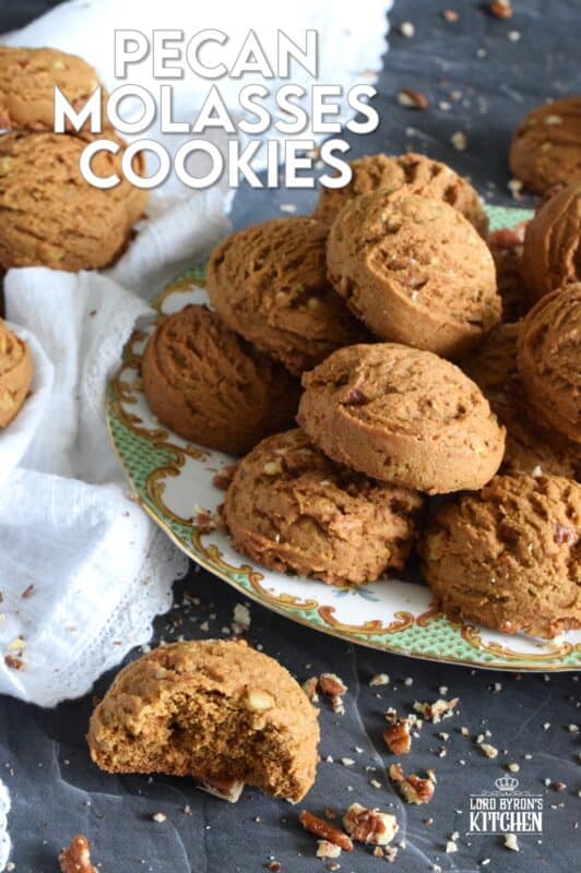 These plump, soft cookies are made with lots of familiar spices associated with fall baking.  Pecan Molasses Cookies are very easy to prepare; simply make the cookie dough and use a cookie scoop to portion out mounds onto your baking sheet.  Let your oven do the rest!  These are one of my all-time favourite cookies! #pecan #molasses #cookies