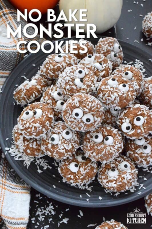 Prepared with melted marshmallows, cocoa powder, sweetened condensed milk, and graham cracker crumbs, No Bake Monster Cookies are sure to give you autumn smores vibes. The addition of the googly candy eyes in the center of each cookie helps make these cookies feel and look perfectly ready for Halloween! #halloween #monster #nobake #cookies #balls