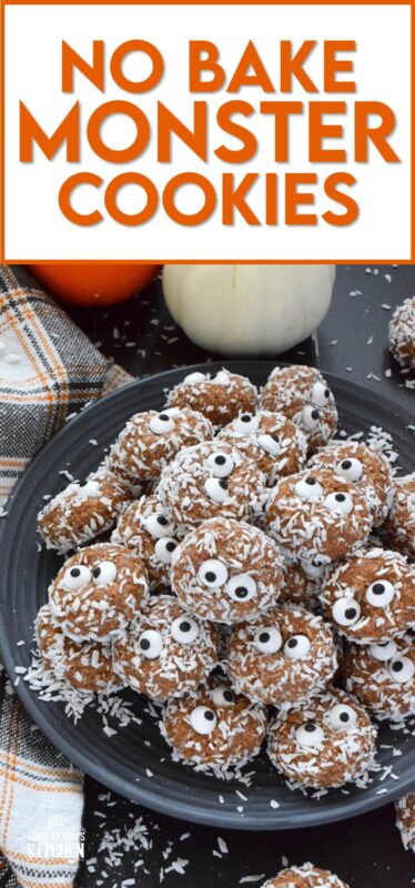 Prepared with melted marshmallows, cocoa powder, sweetened condensed milk, and graham cracker crumbs, No Bake Monster Cookies are sure to give you autumn smores vibes. The addition of the googly candy eyes in the center of each cookie helps make these cookies feel and look perfectly ready for Halloween! #halloween #monster #nobake #cookies #balls
