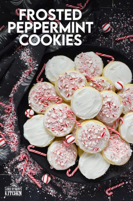 If you love peppermint, these cookies have all the peppermint you could possibly need!  Frosted Peppermint Cookies have a buttercream peppermint frosting and lots of crushed candy canes on top.  These cookies are soft and moist and melt in your mouth!  #christmas #cookies #buttercream #candycanes #peppermint