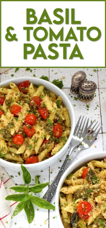 Use fresh cherry tomatoes and basil to make this fast and easy Basil and Tomato Pasta recipe.  Perfect for a weeknight family dinner, this pasta is tossed with optional toasted panko for added texture and flavour.  About 30 minutes from start to finish and you get to dig in and enjoy! #pasta #tomato #fresh #basil #30minutemeals