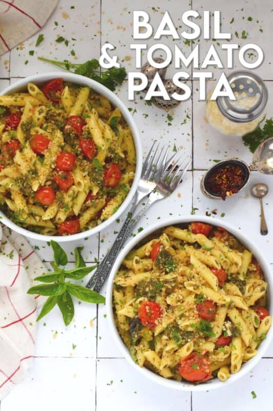 Use fresh cherry tomatoes and basil to make this fast and easy Basil and Tomato Pasta recipe.  Perfect for a weeknight family dinner, this pasta is tossed with optional toasted panko for added texture and flavour.  About 30 minutes from start to finish and you get to dig in and enjoy! #pasta #tomato #fresh #basil #30minutemeals