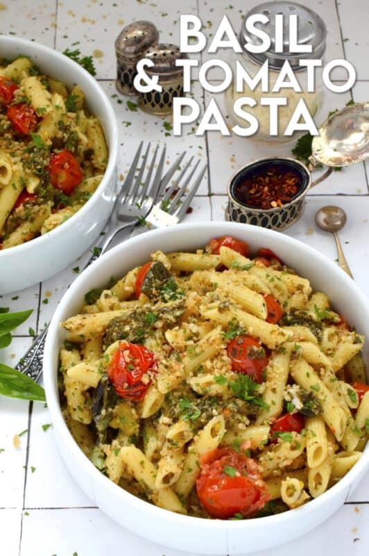 Use fresh cherry tomatoes and basil to make this fast and easy Basil and Tomato Pasta recipe.  Perfect for a weeknight family dinner, this pasta is tossed with optional toasted panko for added texture and flavour.  About 30 minutes from start to finish and you get to dig in and enjoy! #pasta #tomato #fresh #basil #30minutemeals