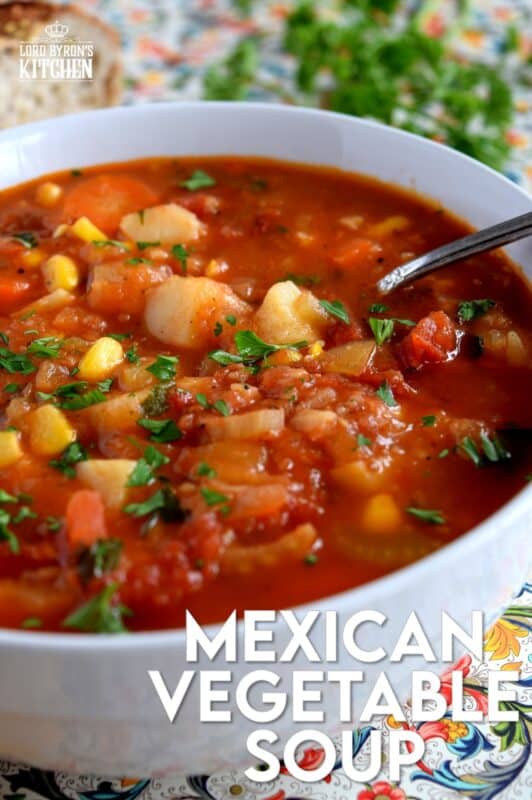 The pleasant flavours of Mexican Vegetable Soup are sure to keep you warm and cozy during the colder days of winter. Made with common root vegetables and flavoured with Mexican-inspired spices, a big bowl of this soup is sure to brighten even the dreariest of days. #mexico #mexican #soup #vegetable #vegetarian