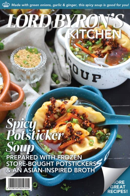 Pick up a package of frozen potstickers, wontons, or dumplings from your local grocery store and cook them in a savoury broth to make the most deliciously wonderful Spicy Potsticker Soup.  Loaded with green onions, garlic, ginger, and carrots, this soup is good for you too! #spicy #potsticker #wonton #gyoza #stew #soup #chili #chilicrunch