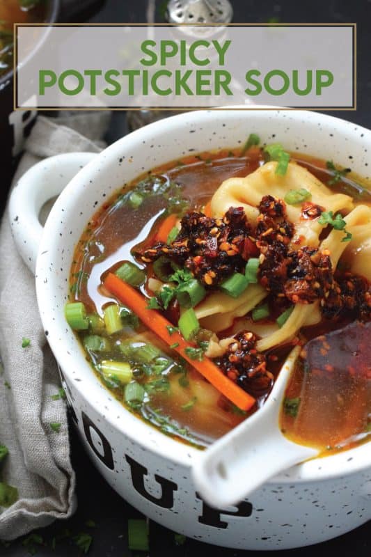 Pick up a package of frozen potstickers, wontons, or dumplings from your local grocery store and cook them in a savoury broth to make the most deliciously wonderful Spicy Potsticker Soup.  Loaded with green onions, garlic, ginger, and carrots, this soup is good for you too! #spicy #potsticker #wonton #gyoza #stew #soup #chili #chilicrunch