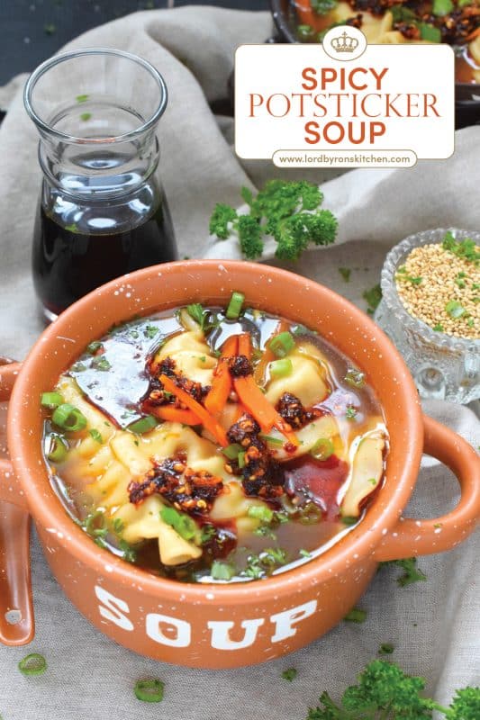 Pick up a package of frozen potstickers, wontons, or dumplings from your local grocery store and cook them in a savoury broth to make the most deliciously wonderful Spicy Potsticker Soup.  Loaded with green onions, garlic, ginger, and carrots, this soup is good for you too! #spicy #potsticker #wonton #gyoza #stew #soup #chili #chilicrunch