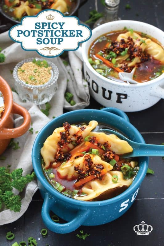 Pick up a package of frozen potstickers, wontons, or dumplings from your local grocery store and cook them in a savoury broth to make the most deliciously wonderful Spicy Potsticker Soup.  Loaded with green onions, garlic, ginger, and carrots, this soup is good for you too! #spicy #potsticker #wonton #gyoza #stew #soup #chili #chilicrunch