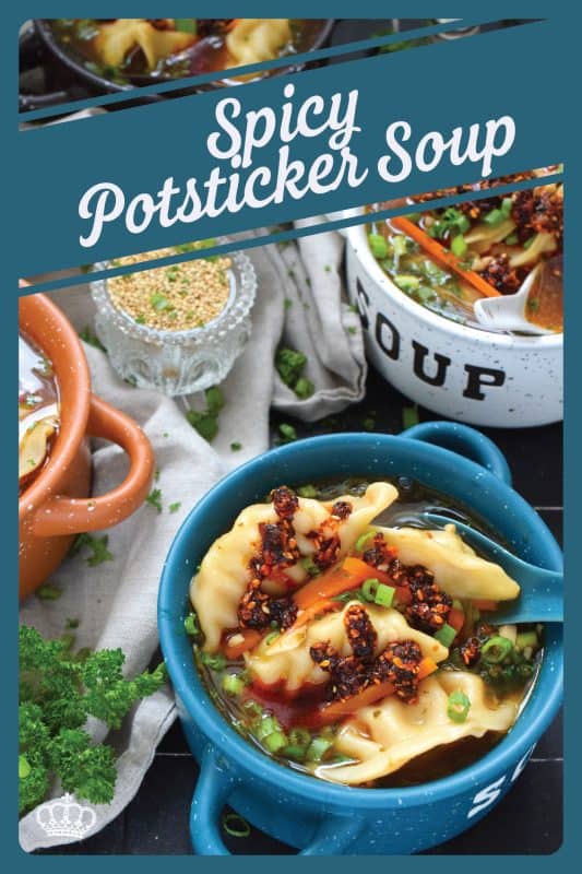 Pick up a package of frozen potstickers, wontons, or dumplings from your local grocery store and cook them in a savoury broth to make the most deliciously wonderful Spicy Potsticker Soup.  Loaded with green onions, garlic, ginger, and carrots, this soup is good for you too! #spicy #potsticker #wonton #gyoza #stew #soup #chili #chilicrunch